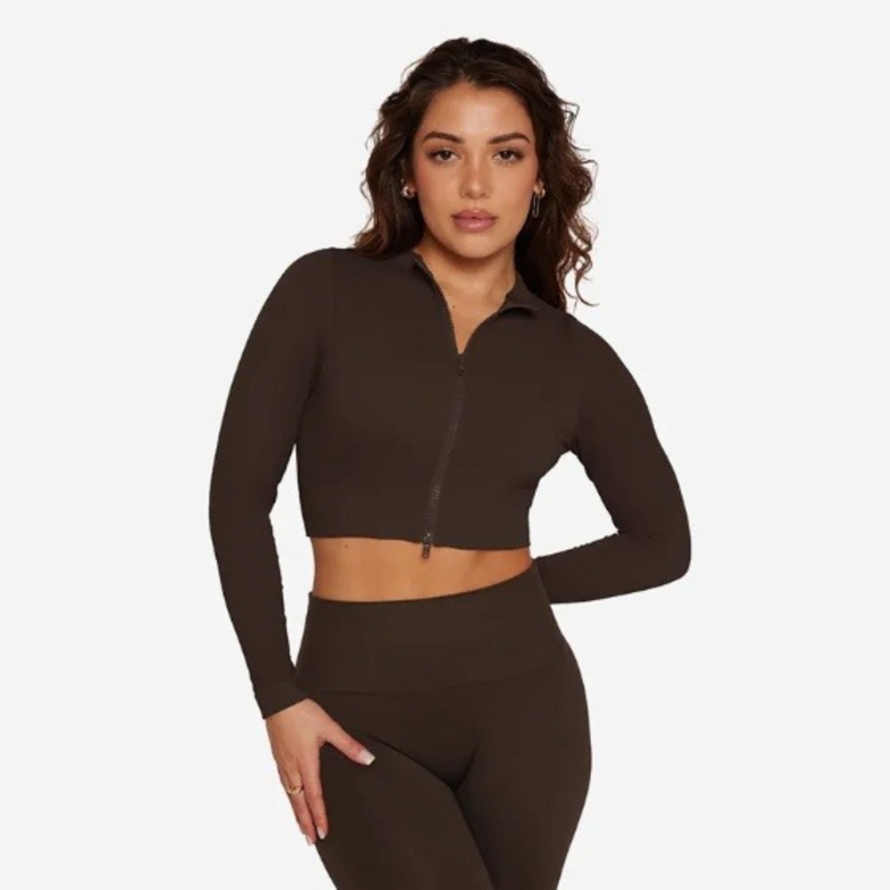 SET Active Sculptflex Zip Front Ribbed Long Sleeve Top Espresso Brown Medium
